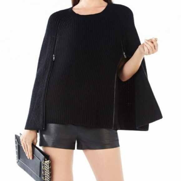 NWT BCBGMaxazria Sherwin Zipper Ribbed Black Poncho Zipper Detail XS/S - Picture 1 of 9